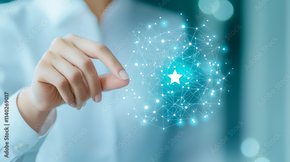 Poster hand reaching towards digital star network representation in a modern office environment