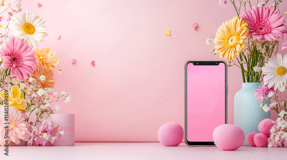 Poster colorful flowers and smartphone create a cheerful spring display on a pink background