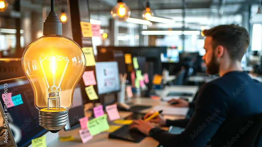 Poster in a creative workspace, a yellow light bulb drawing is surrounded by sticky notes in an array of co