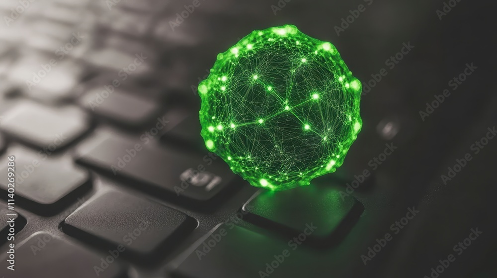 Poster green network sphere on keyboard tech data innovation
