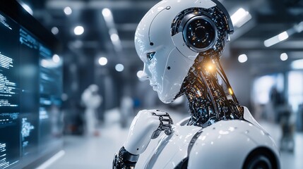 Fototapeta premium Thoughtful robot reading code on a large screen in a modern laboratory