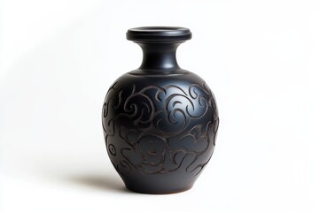 Black ceramic Chinese rice wine bottle with cover isolated on white China s unique wine