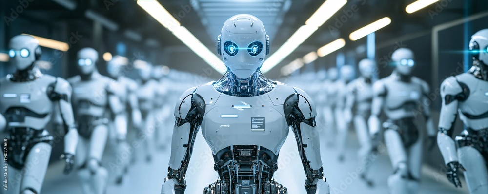 Leinwandbilder Army of robots marching in a technological facility: artificial intelligence concept