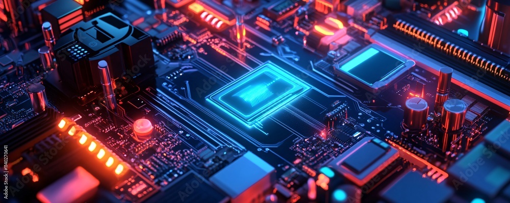 Poster Quantum computing processor performing complex calculations on motherboard