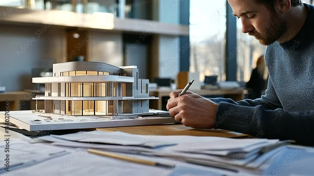 Poster an architect reviews a physical model of a home alongside a printed blueprint, calculating construct