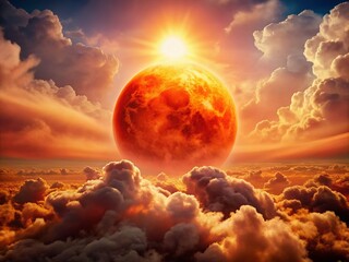 Big Red Summer Sun Sky Cloudscape Photography - Fiery Sunset HDR Image