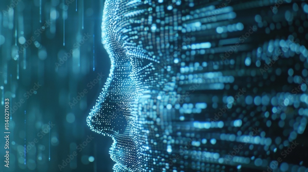 Poster human face emerging from a dynamic stream of particles, illustrating the concepts of artificial inte