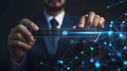 Businessman Holding Search Bar with AI Technology and Network Graphics