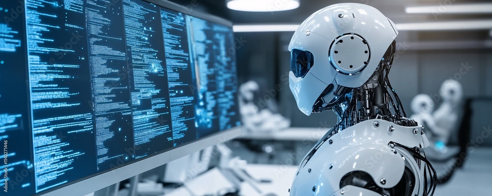 Leinwandbilder Advanced ai robot analyzing complex code on multiple computer screens in futuristic monitoring room