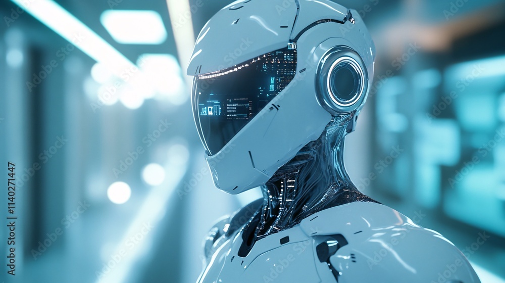 Aufkleber futuristic robot exploring modern laboratory or spaceship corridor
