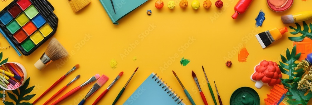 Poster bright and colorful educational materials with brushes paints and sketchbooks on a vibrant yellow ba