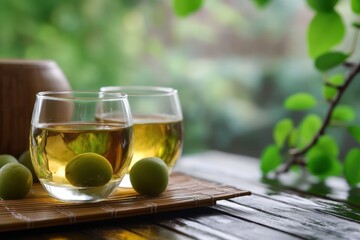 Blurred background of homemade traditional Japanese umeshu or green plum wine