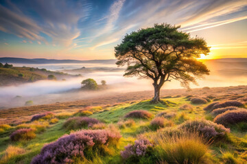 Obraz premium serene moorland landscape at dawn, featuring solitary tree surrounded by mist and blooming heather. soft light creates tranquil atmosphere