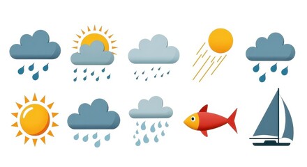 Illustrated Weather Icon Set with Sun, Clouds, Rain, and Sailboat Graphics for Apps and Websites
