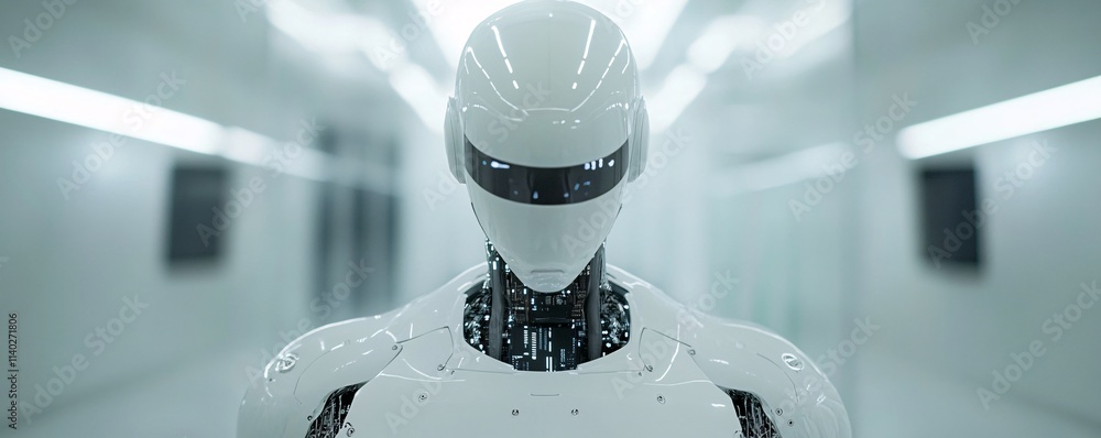 Aufkleber futuristic robot standing in corridor of research laboratory