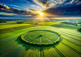 bird eye view captures radiant landscape with lush green fields, circular crop formation, and stunning sunset illuminating sky