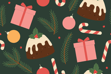 christmas seamless pattern with christmas pudding, candy cane, bauble, gift box, holly and fir twigs; great for wrapping, greeting cards, social media graphics- vector illustration