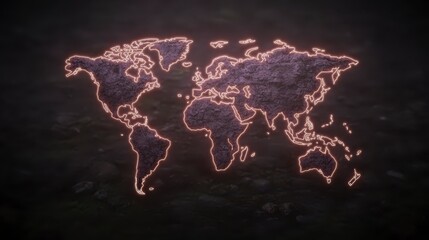 Glowing World Map on Dark Stone Texture Background
