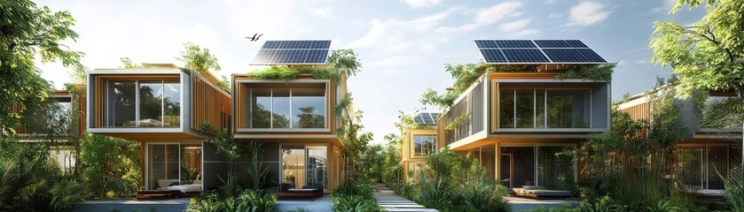 Fototapeta premium Compact Eco Friendly Urban Homes with Solar Panels and Rainwater Harvesting for Sustainable Living