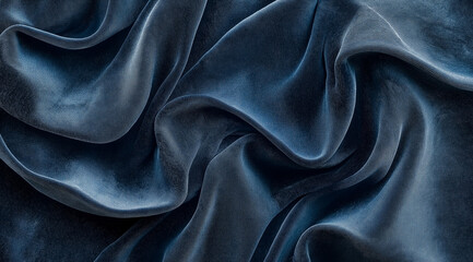 Close-up of blue velvet fabric with textured folds, in dark gray and light navy, minimalist abstract background with soft curves
