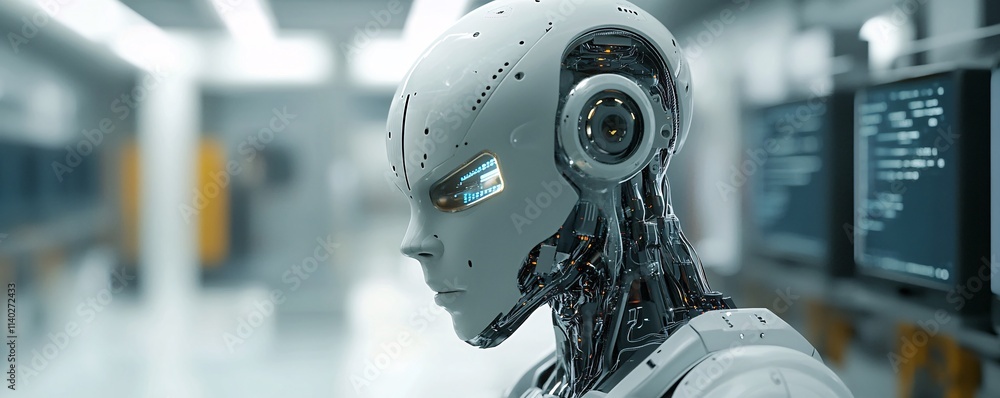 Fototapete Humanoid robot analyzing data in futuristic laboratory setting