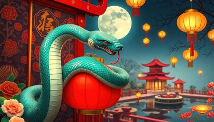Fototapeta premium Chinese New Year With Snake - Green Snake and Moon