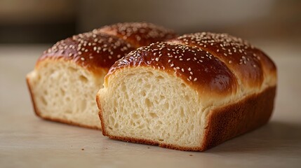 Fototapeta premium Artisanal brioche loaf featuring&nbsp;golden-brown crust and detailed crumb structure, garnished with sesame seeds and photographed against soft&nbsp;beige background.
