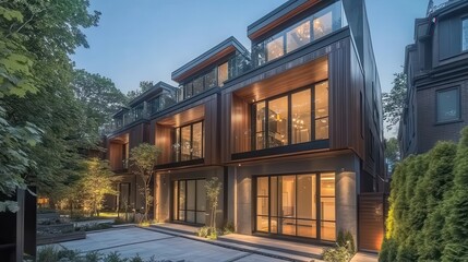 Fototapeta premium Stylish Townhouse Exterior with Wooden Panels Glass Railings and Futuristic Entrance Under Soft Evening Lighting