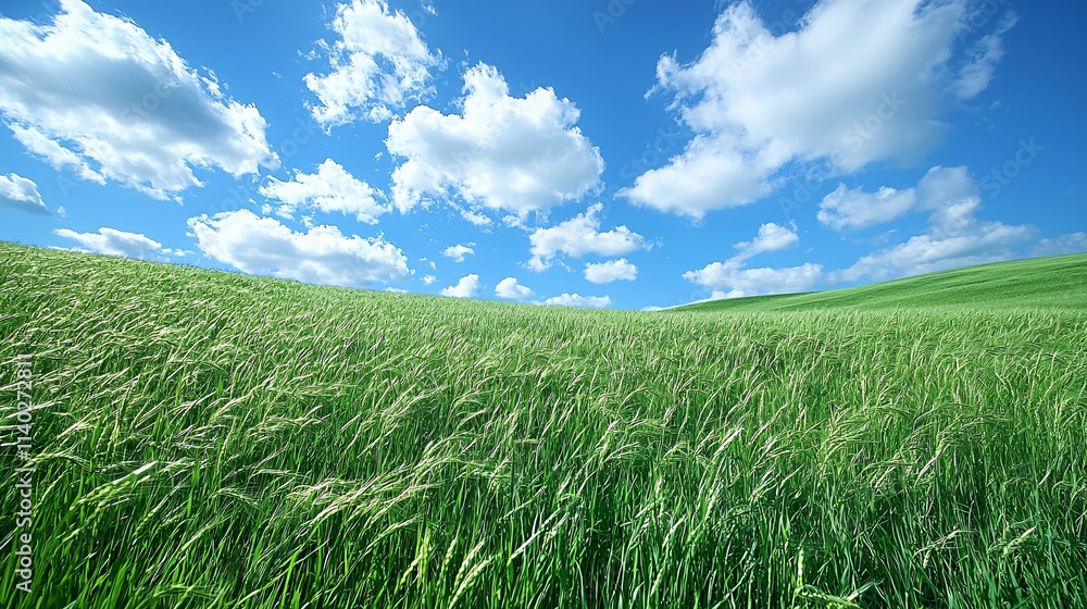 Poster massive solar power farm under a partly cloudy sky with green grass stock photo with side copy space