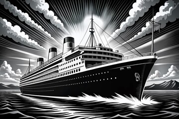 Obraz premium Black and White Cruise Ship Clipart: High-Resolution Images for Travel & Vacation Designs