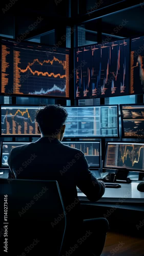 Aufkleber stock market broker is working at night in a dark office analyzing real time data, charts, and graph