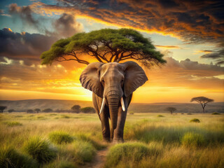 Fototapeta premium majestic elephant stands tall at center of vibrant savanna, framed by beautiful acacia tree against stunning sunset. scene evokes sense of wonder and tranquility