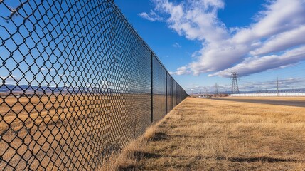 Fototapeta premium Chain Link Fence Along Open Field Under Blue Sky with Clouds