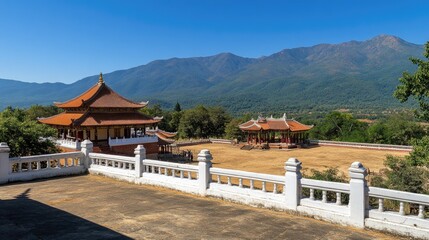 Serene Landscape with Traditional Architecture and Mountain Backdrop