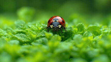 Ladybug on vibrant green leaves.