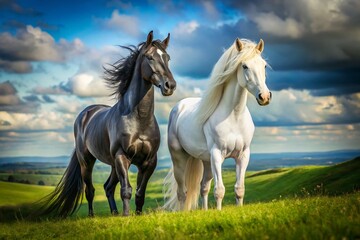 Black and White Horses, Majestic Equine Pair, Stunning Horse Photography,  Beautiful Horse Images, Horse Pictures, Equine Art