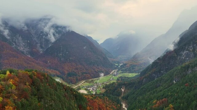 Aerial video of the picturesque Logar Valley (Logarska Dolina) and Solcava panoramatic road in autumn, Slovenia