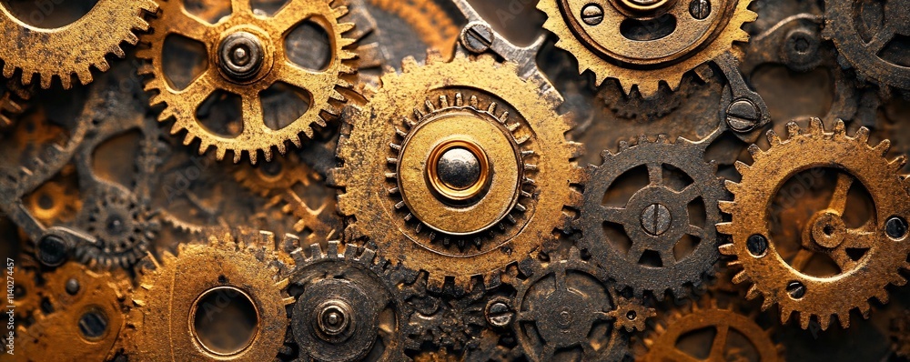 Aufkleber close-up view of interlocking gears transmitting power