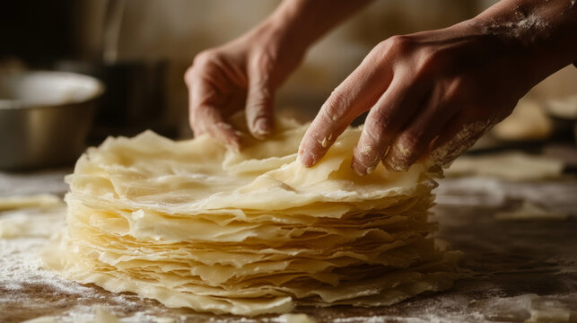 Preparing layers of fresh dough in a cozy kitchen during a culinary session