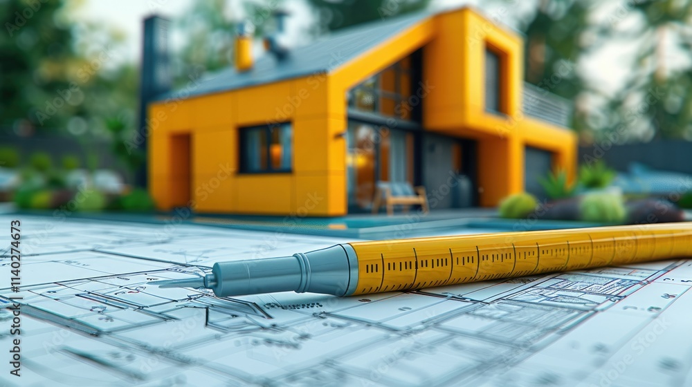 Poster a modern house design with blueprints and a ruler in the foreground.