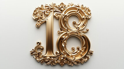 Numero 18 dorato. Stile ricercato. Diventare maggiorenni. Sfondo bianco.