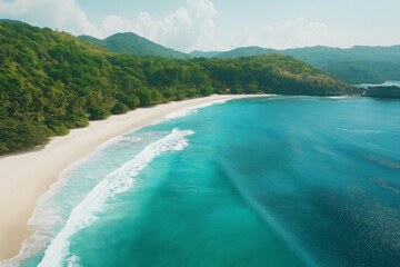 Fototapeta premium Waves gently crashing on a secluded turquoise cove surrounded by lush greenery. Generative AI