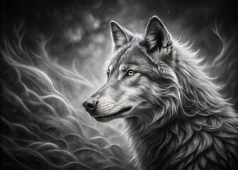 Black and White Wolf Drawing, Long Exposure Photography, Artistic Animal Portrait, Dark Fantasy Art