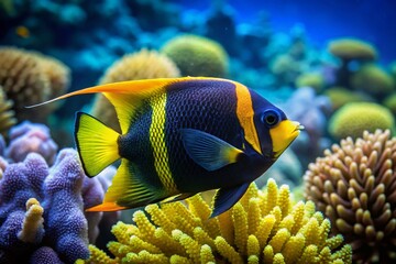 Fototapeta premium Black and Yellow Angelfish: Stunning Underwater Photography, Rule of Thirds Composition