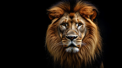 A portrait of a large male African lion against a black backdrop.