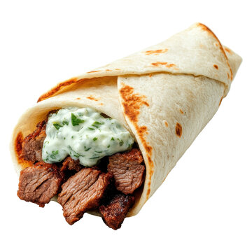 Delicious beef wrap with tender meat and creamy sauce, wrapped in soft tortilla. Perfect for quick meal or snack, this dish is flavorful and satisfying