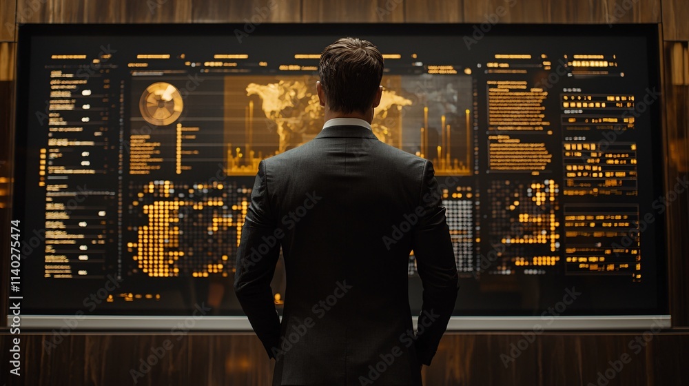 Poster Corporate leader standing in front of a massive digital screen showing data analytics and career achievements Stock Photo with side copy space