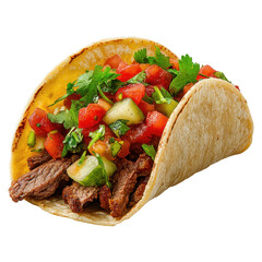 Delicious taco filled with grilled beef, fresh tomatoes, and cilantro, showcasing vibrant colors and textures. Perfect for satisfying meal or snack