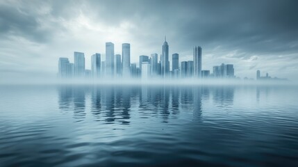 Obraz premium Misty City Skyline Reflection Over Serene Water at Dusk