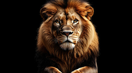 Fototapeta premium A portrait of a large male African lion against a black backdrop.